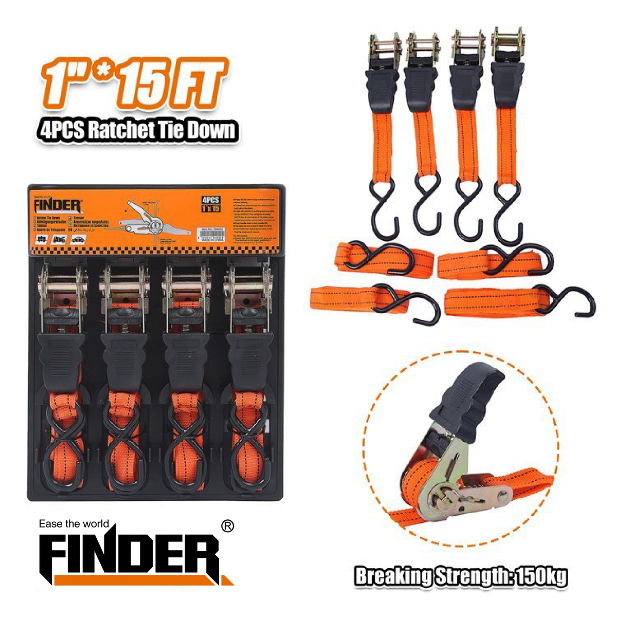 4 PCS Ratchet Tie Down - 1" x 15ft webbing