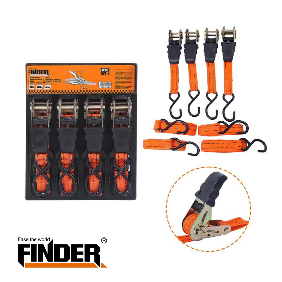 4 PCS Ratchet Tie Down - 1" x 15ft webbing