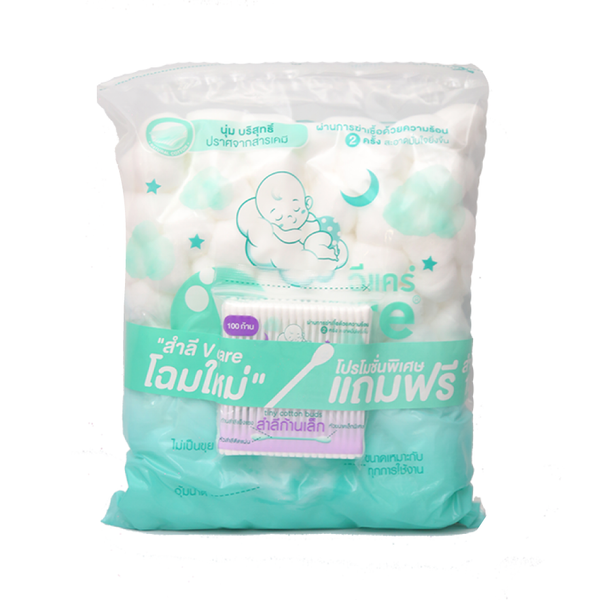 V Care Cotton Balls - 100g (with cotton buds pack)