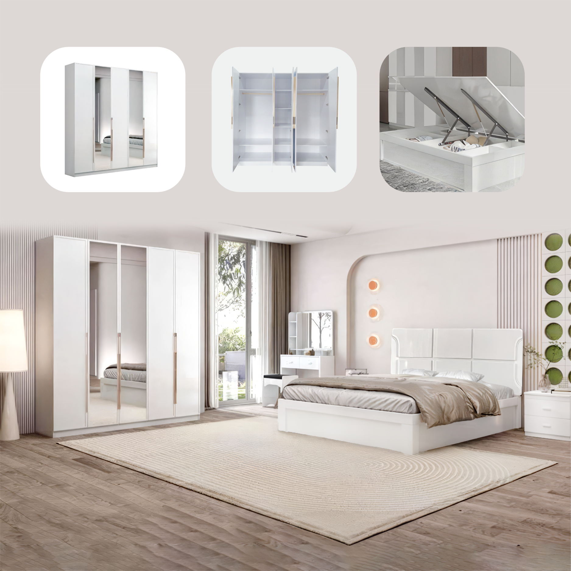 Glossy Fiber Paint Coated Storage Bedroom set (with Mirror)
