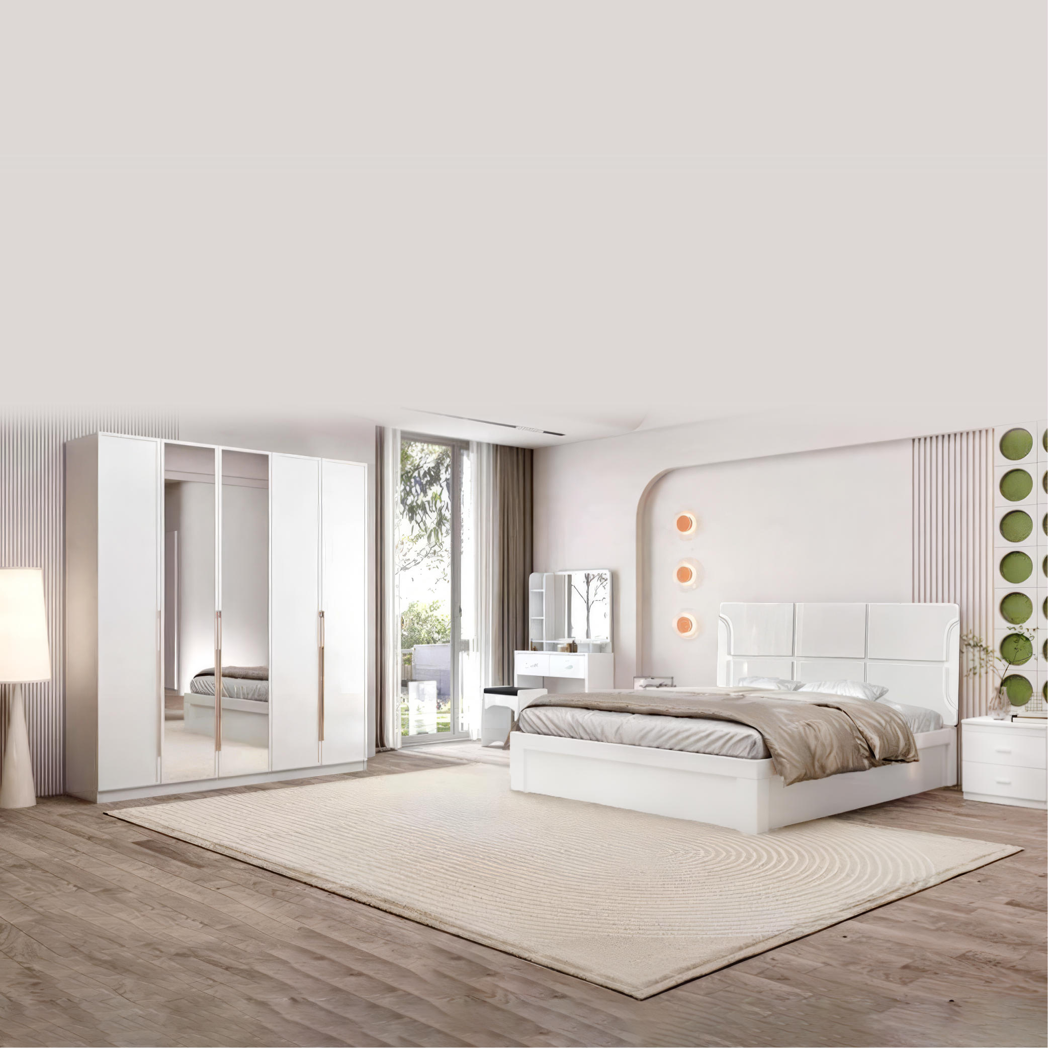 Glossy Fiber Paint Coated Storage Bedroom set (with Mirror)