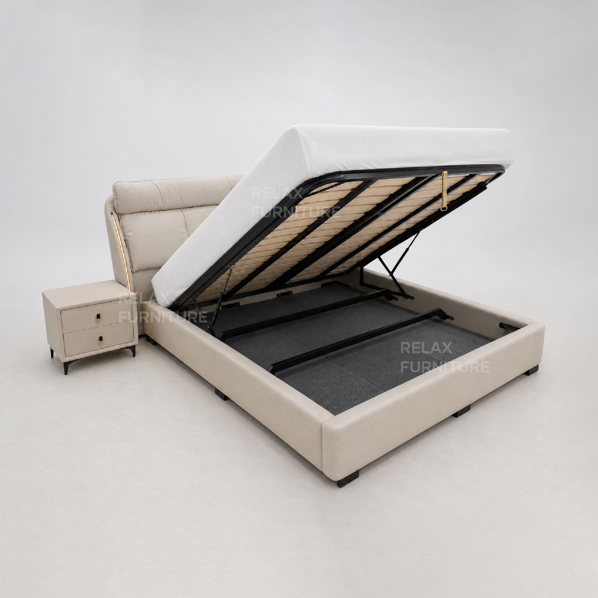 Leather Storage Bed with 2 Side Tables - King size