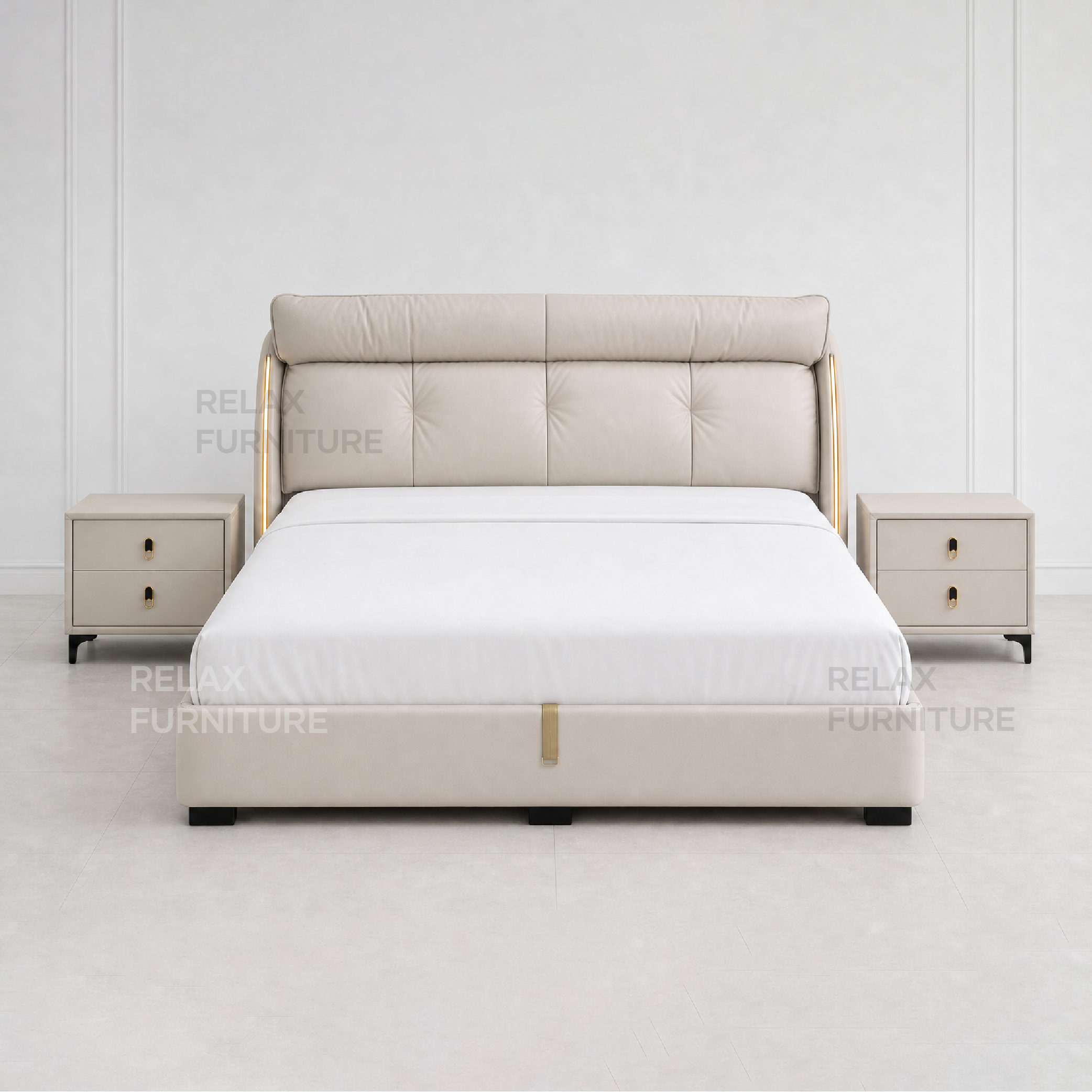 Leather Storage Bed with 2 Side Tables - King size