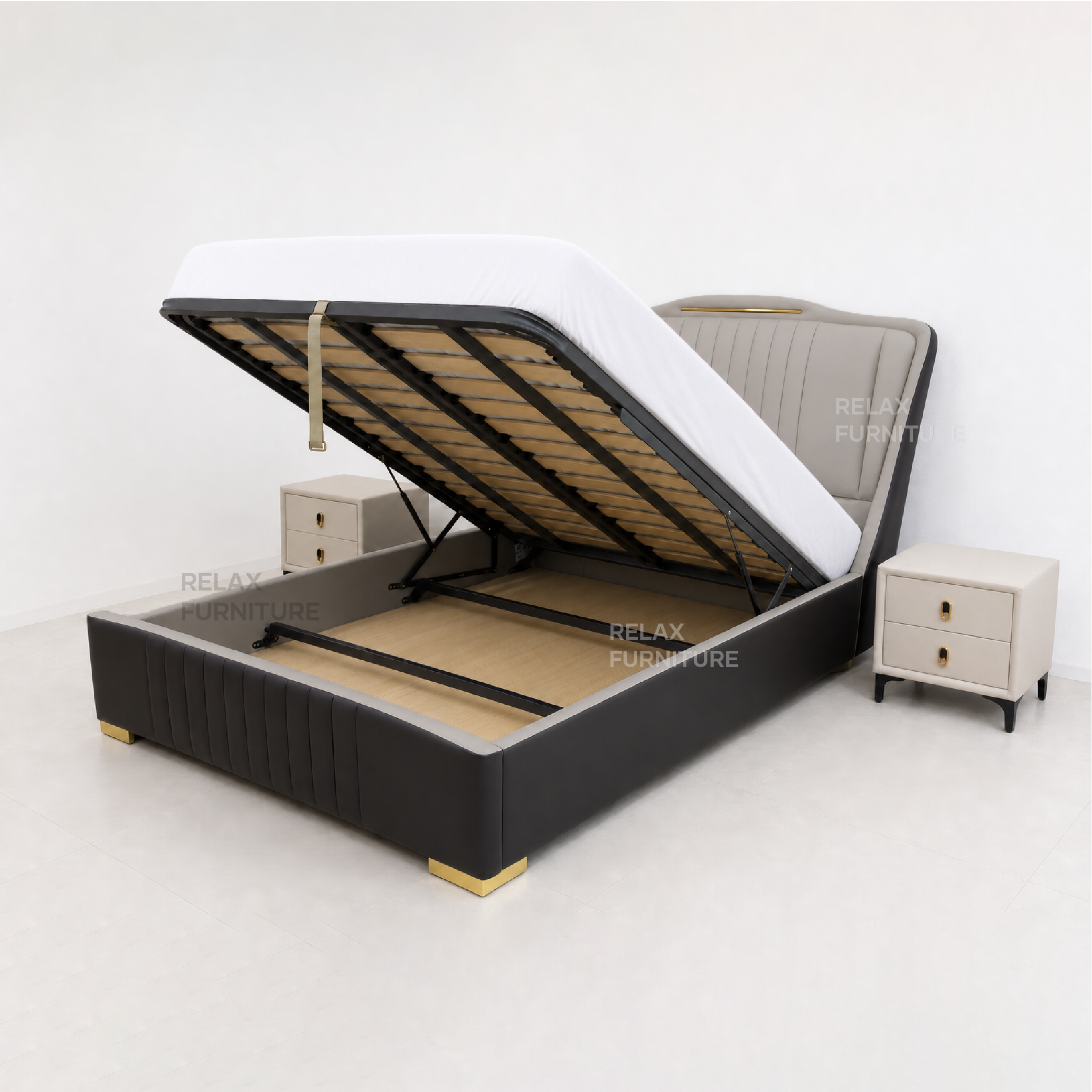 Leather Storage Bed with 2 Side Tables - Queen size