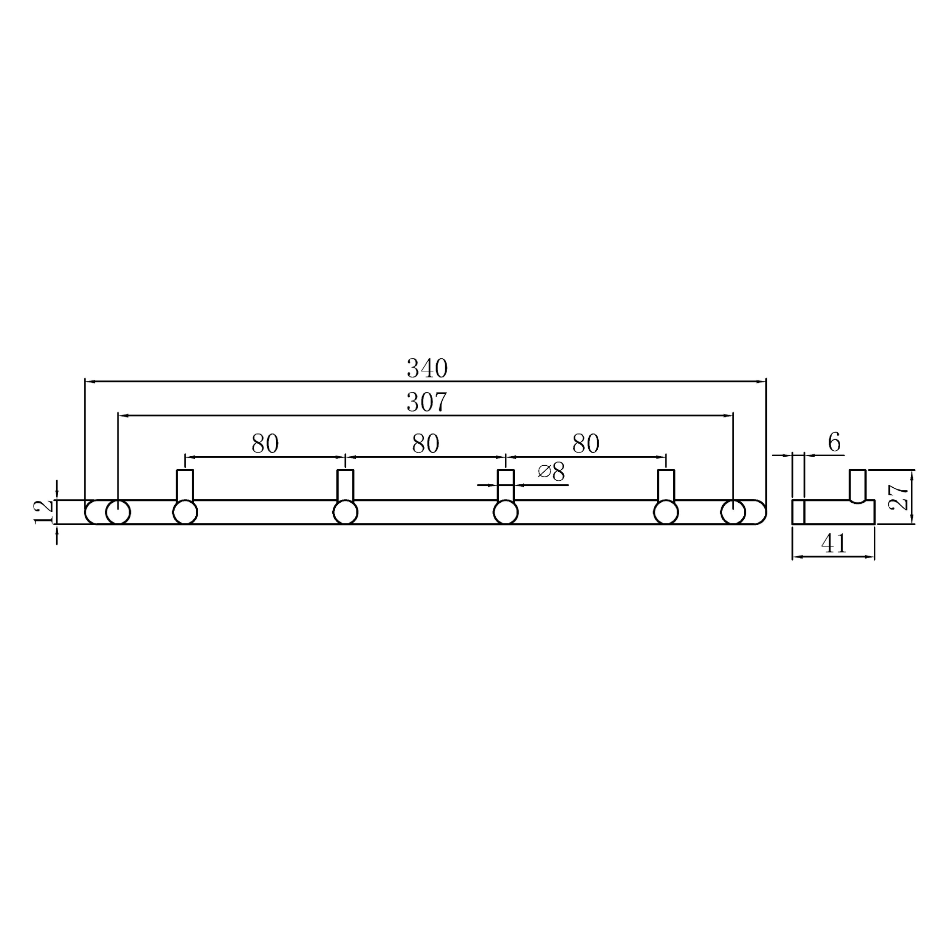Hook strip with 4 hooks - brass