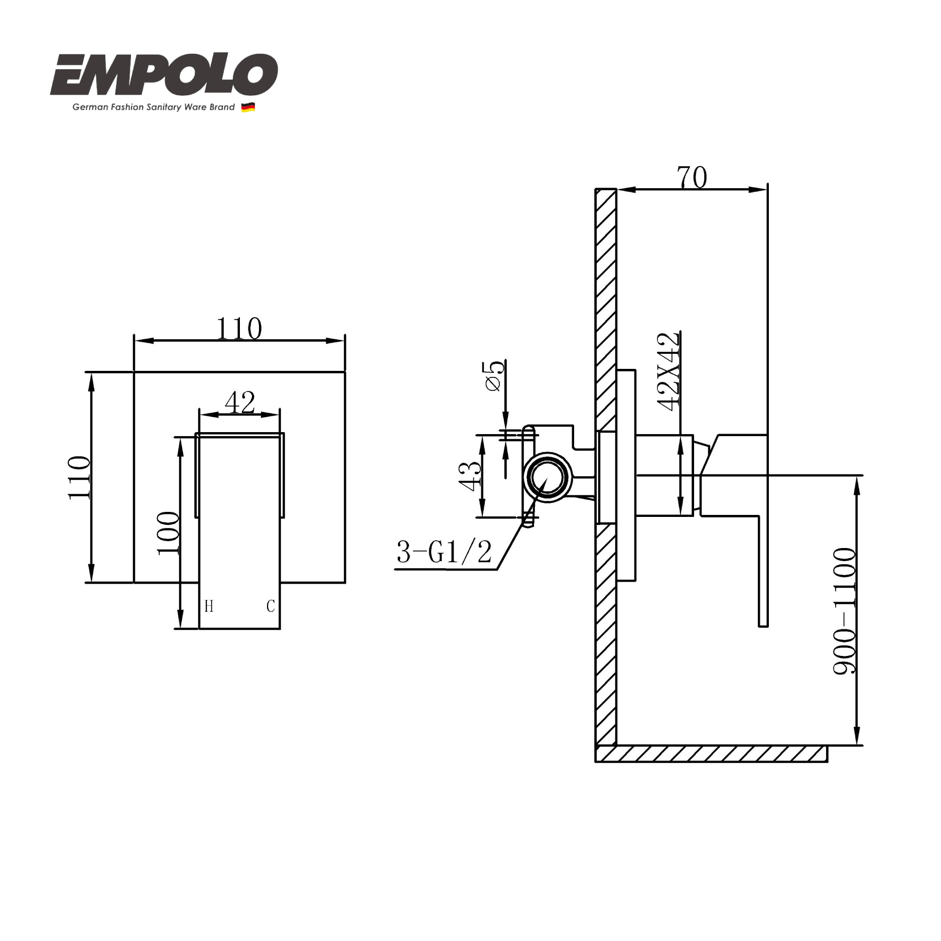 Wall mounted shower mixer - valve w/o diverter