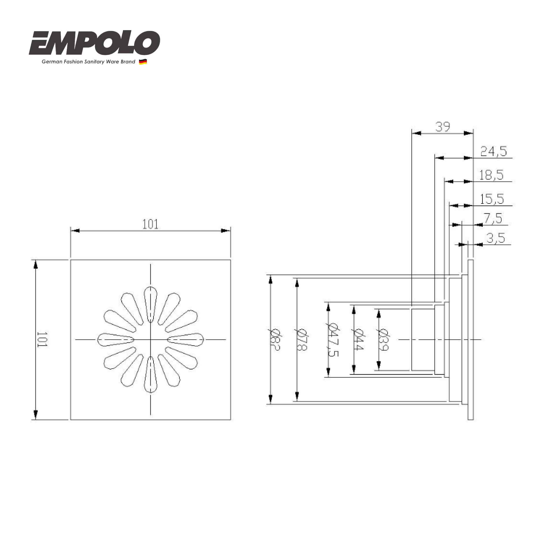 Floor drainer - 100x100mm - Brass