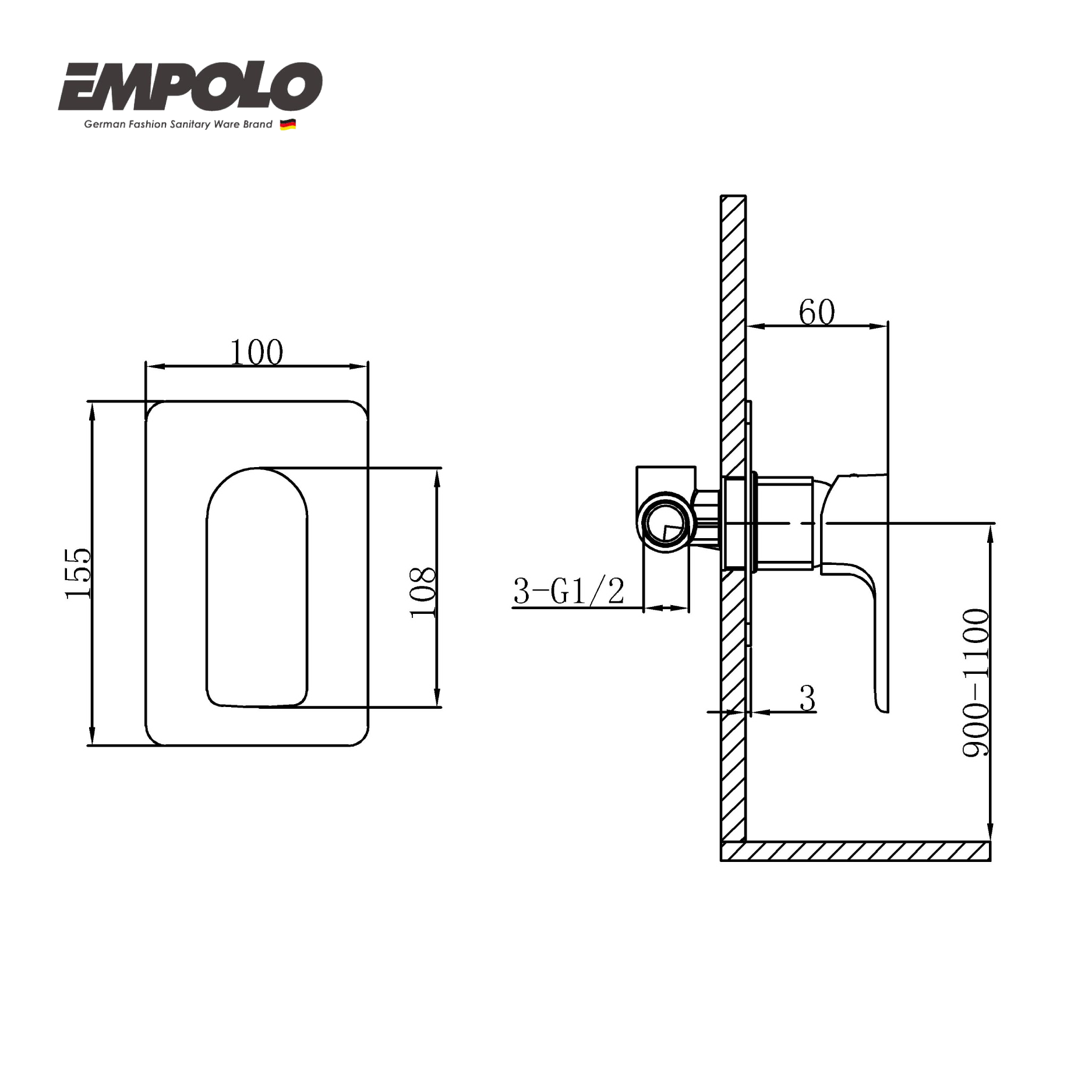 Wall mounted shower mixer - valve w/o diverter