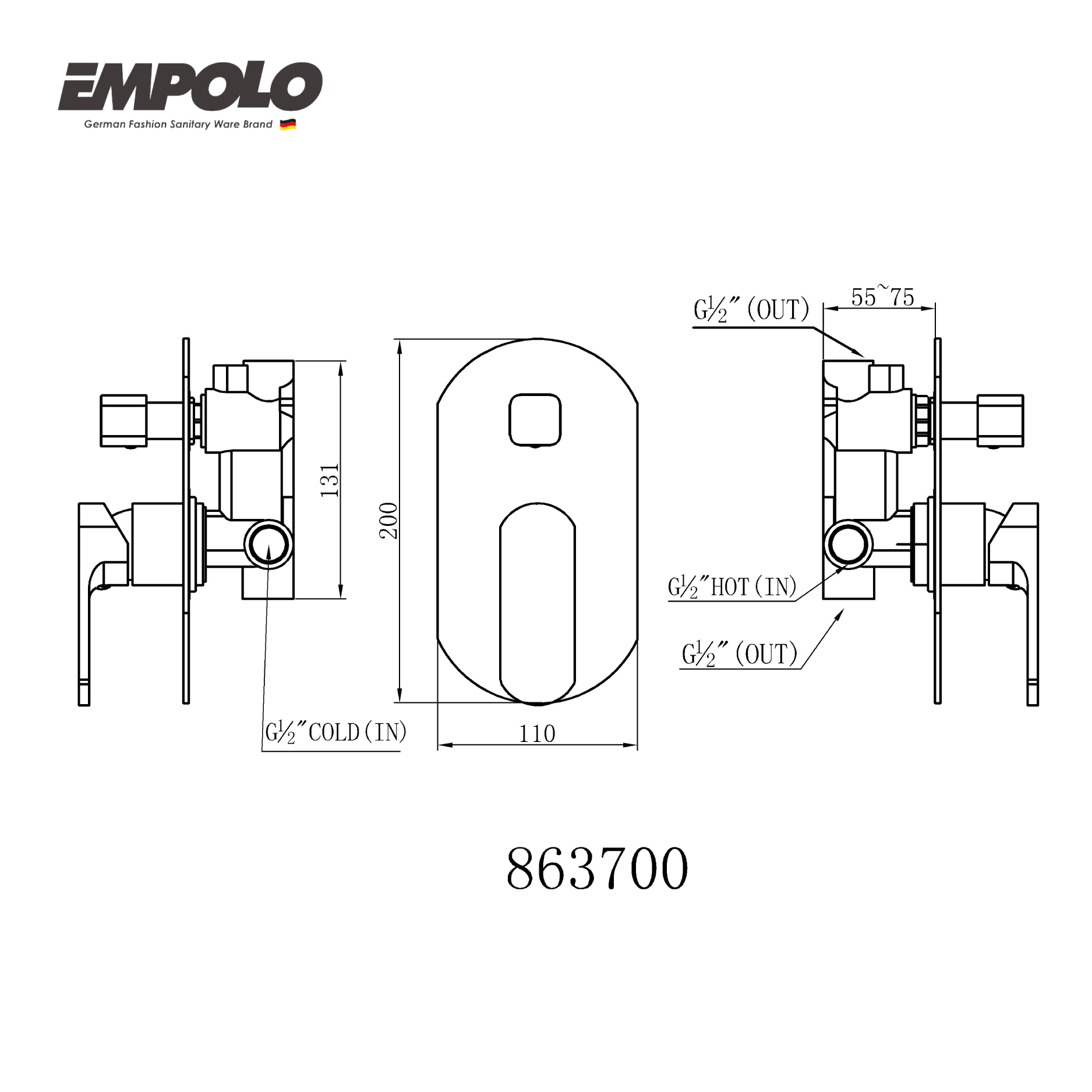 Wall-mounted shower mixer valve - Brass