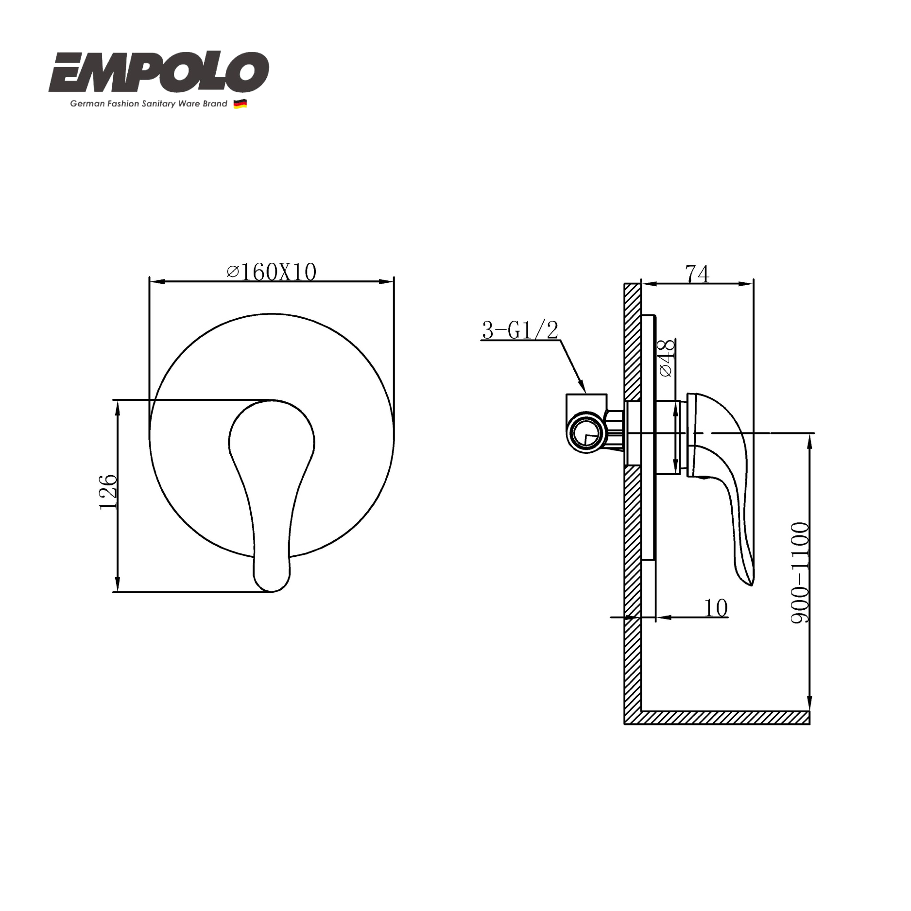 Wall mounted shower mixer - valve w/o diverter