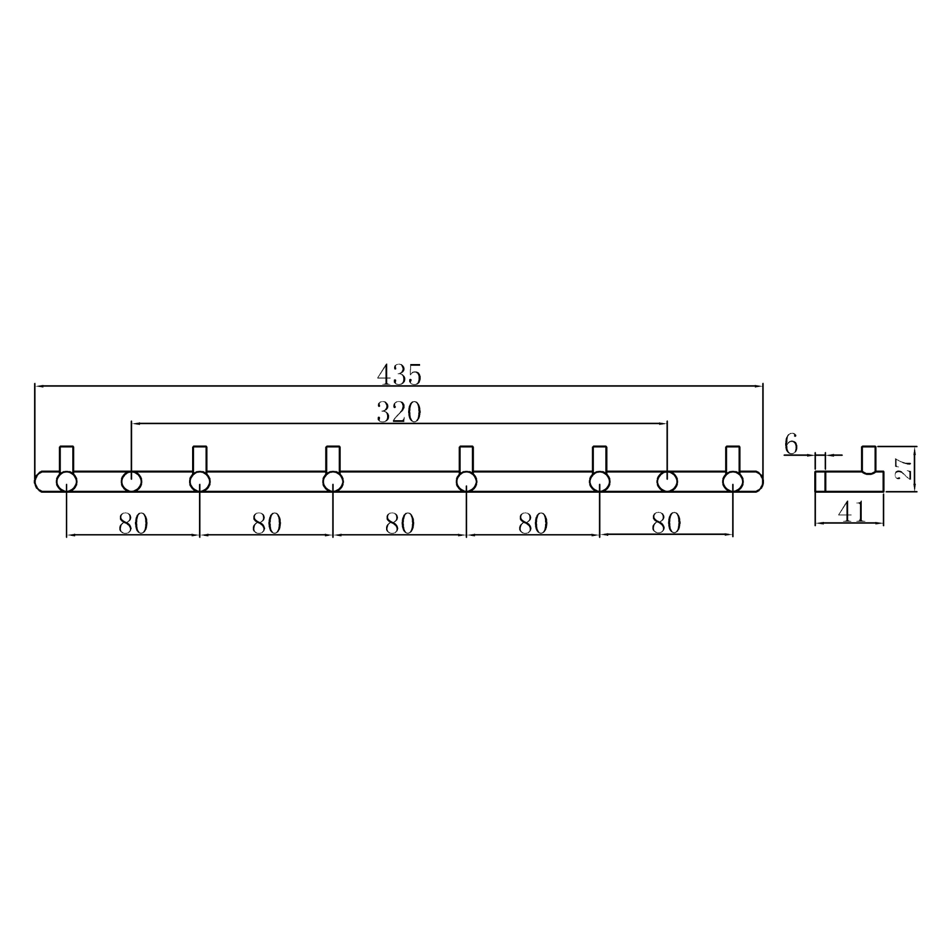Hook strip with 6 hooks - brass