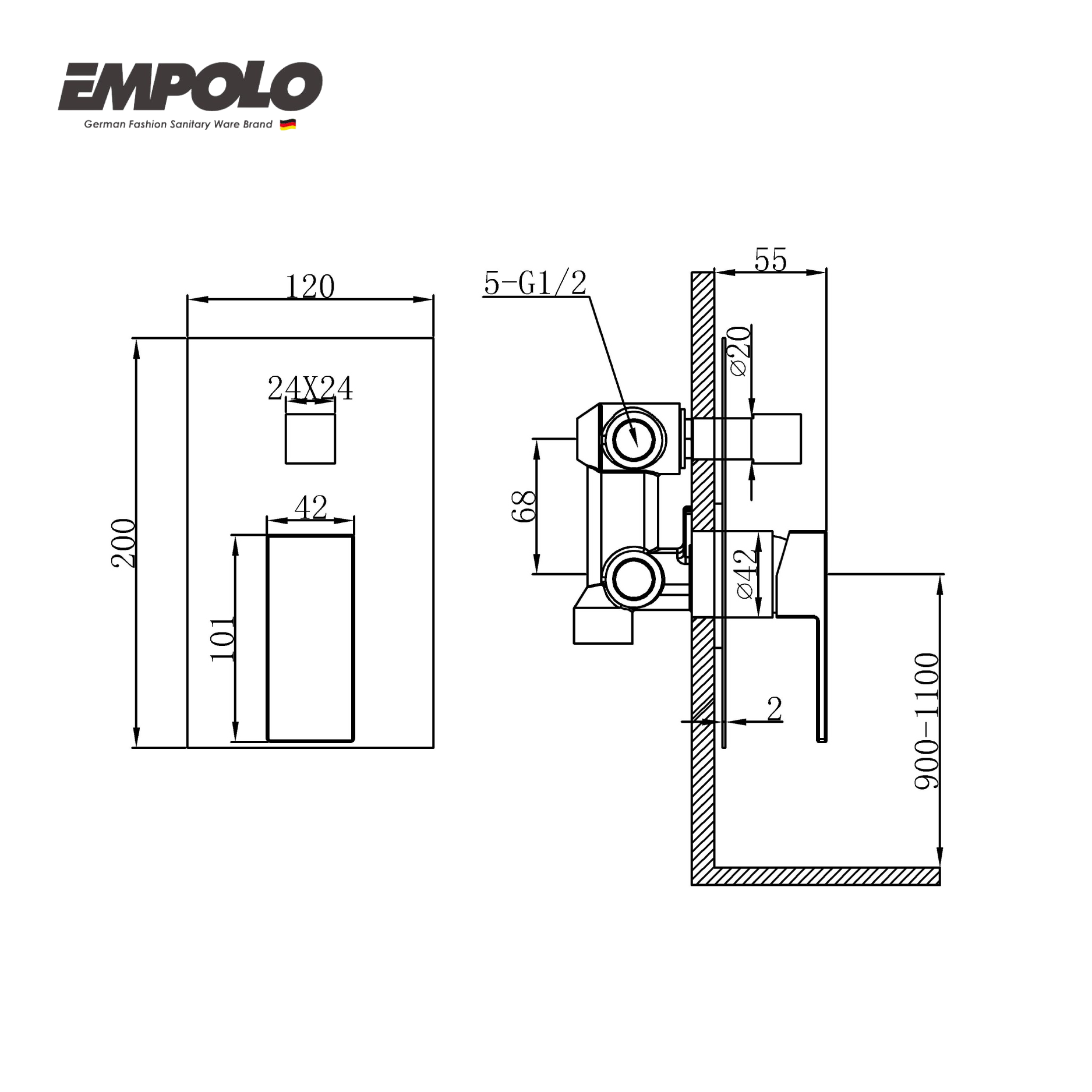 Wall-mounted shower mixer valve (three functions)