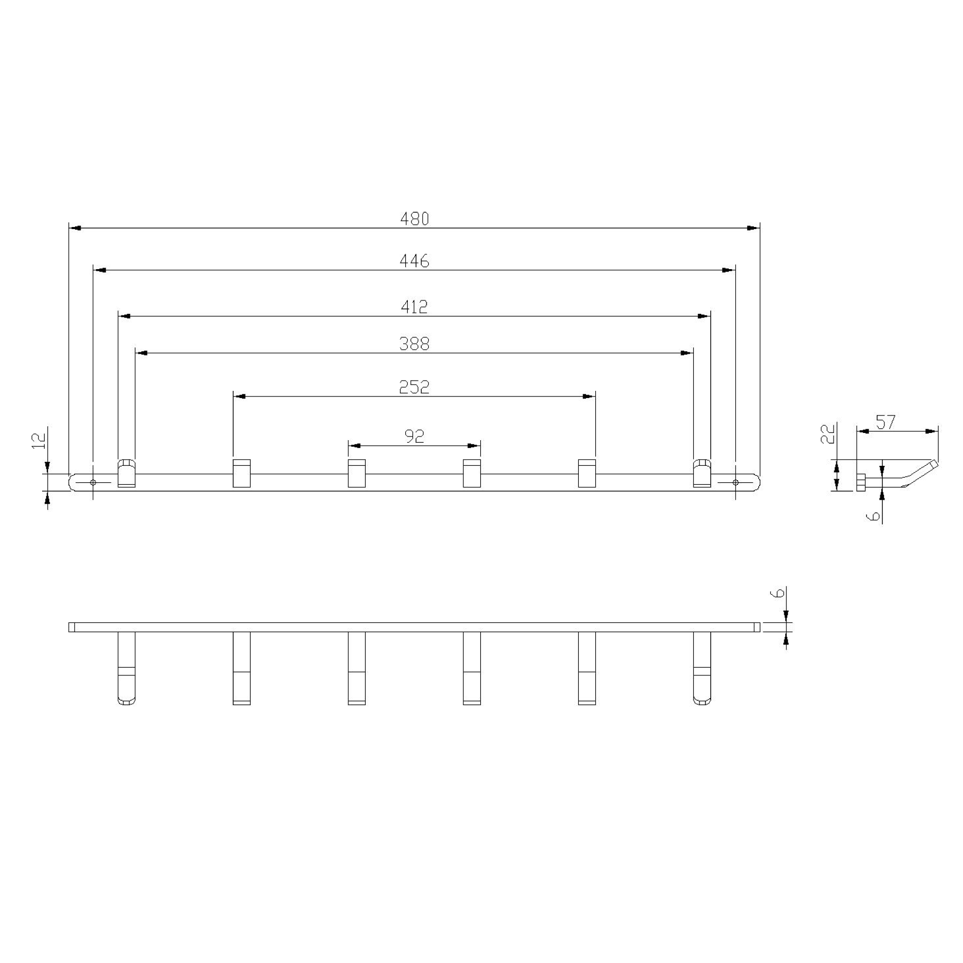 Hook strip with 6 hooks - brass