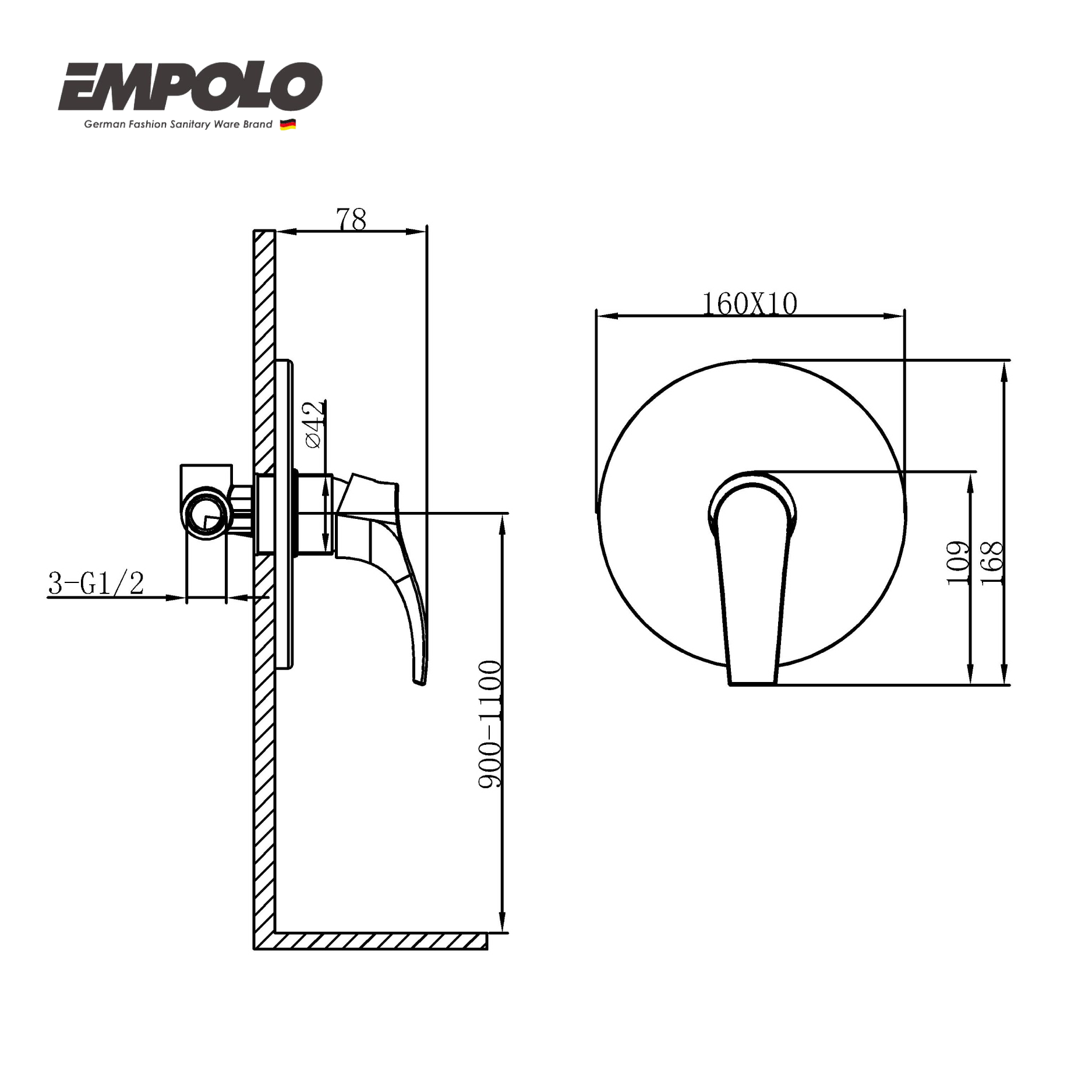 Wall mounted shower mixer - valve w/o diverter