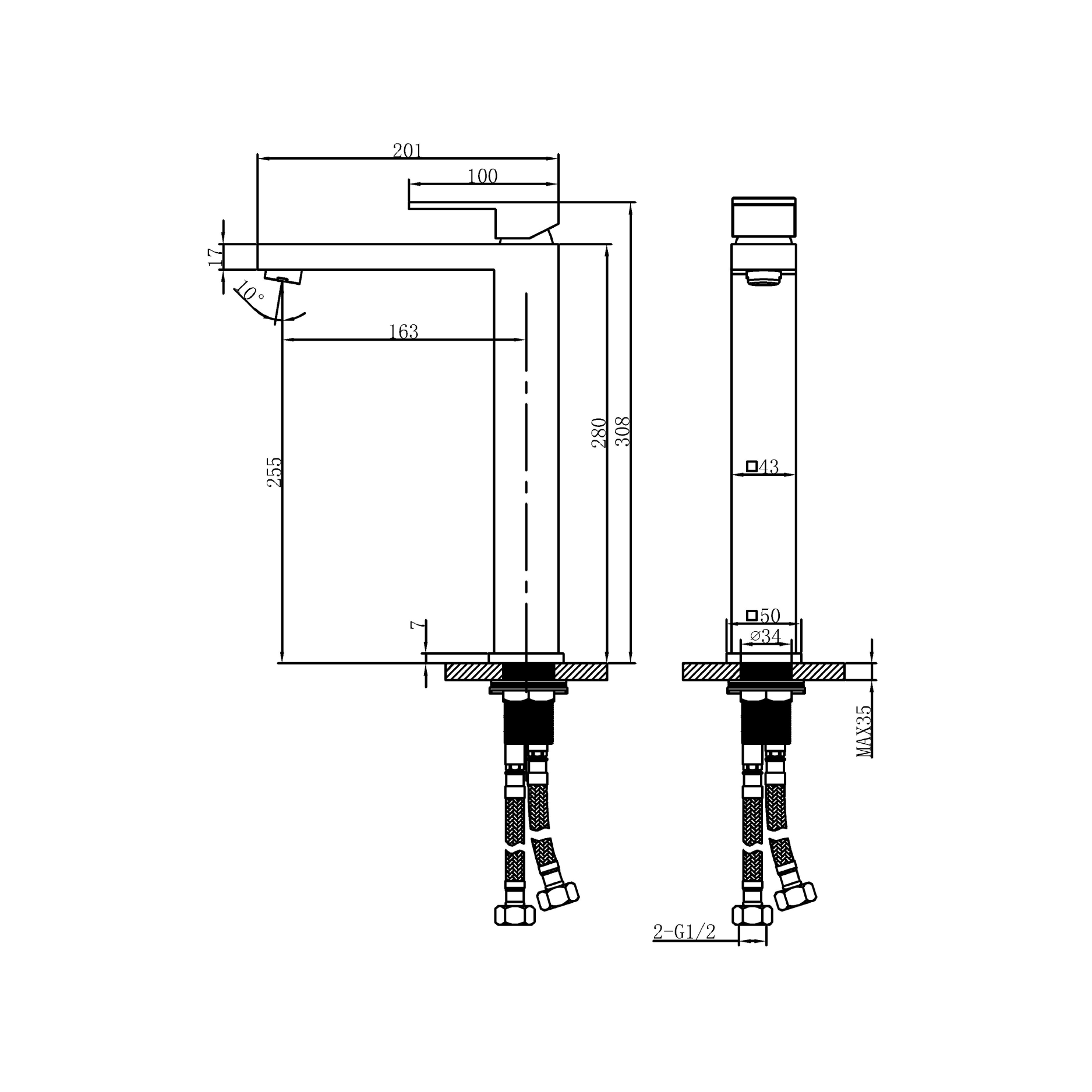 Tall basin tap - Brass -  Hot & cold