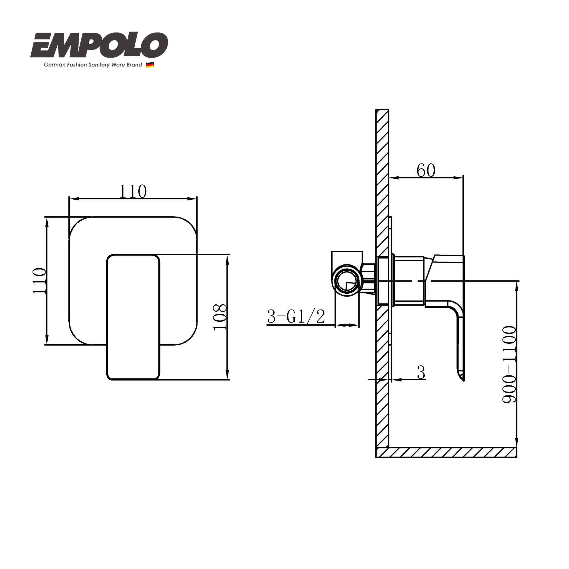 Wall mounted shower mixer - valve w/o diverter